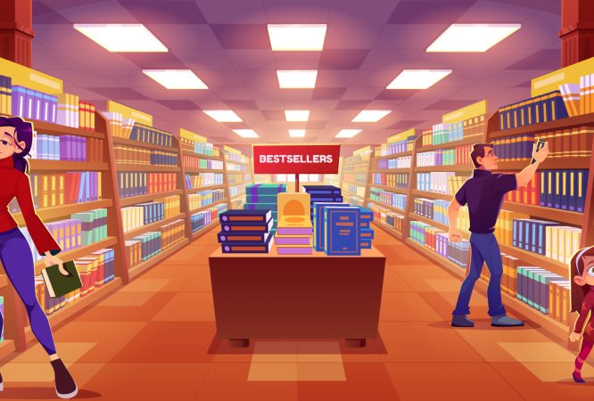 Man, woman and kid girl standing in book store room interior with rack and picking paper education and fiction literature. Cartoon vector illustration of bookstore or public library with shelves.