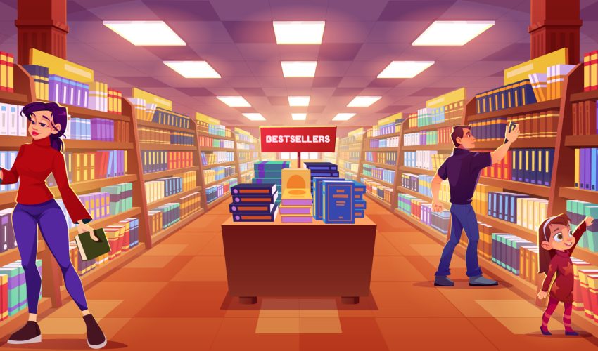 People in book store room interior Man, woman and kid girl standing in book store room interior with rack and picking paper education and fiction literature. Cartoon vector illustration of bookstore or public library with shelves.